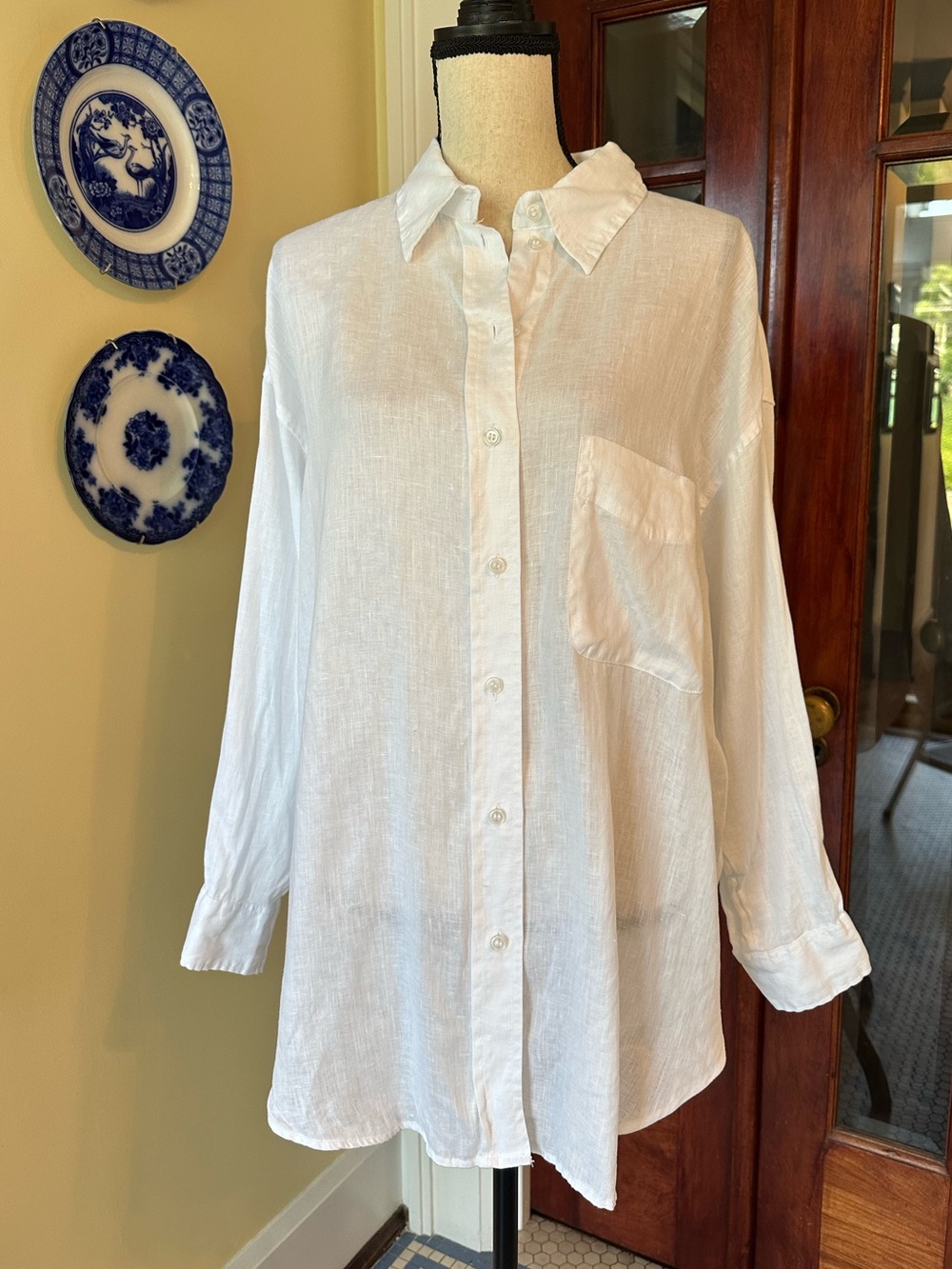 H&M | White Linen Tunic Length Button Down Shirt, Size L